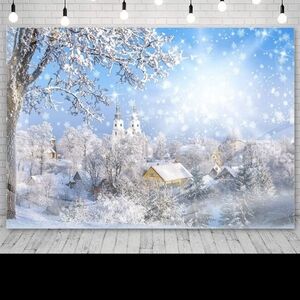 New. PHOTO BACKDROP/ PARTY/HOME DECOR-5x7 SNOWSCENE VILLAGE w/ Church Steeple -